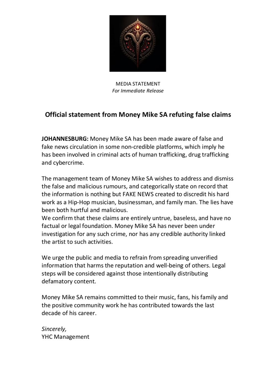 anzarmkhonto's tweet photo. A statement from Money Mike SA's team says the human trafficking claims are false. Rapper Money Mike SA refutes human trafficking claims, labeling it #FakeNews https://t.co/gv7IuxWKAu