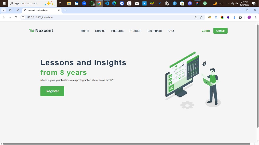 ChinenyeJoy_'s tweet image. Update on Nexcent website landing page.

I worked on the Hero section. The layout come whine me small 😐

Is all good moving to the next section...

#HTML #CSS #frontenddevelopement