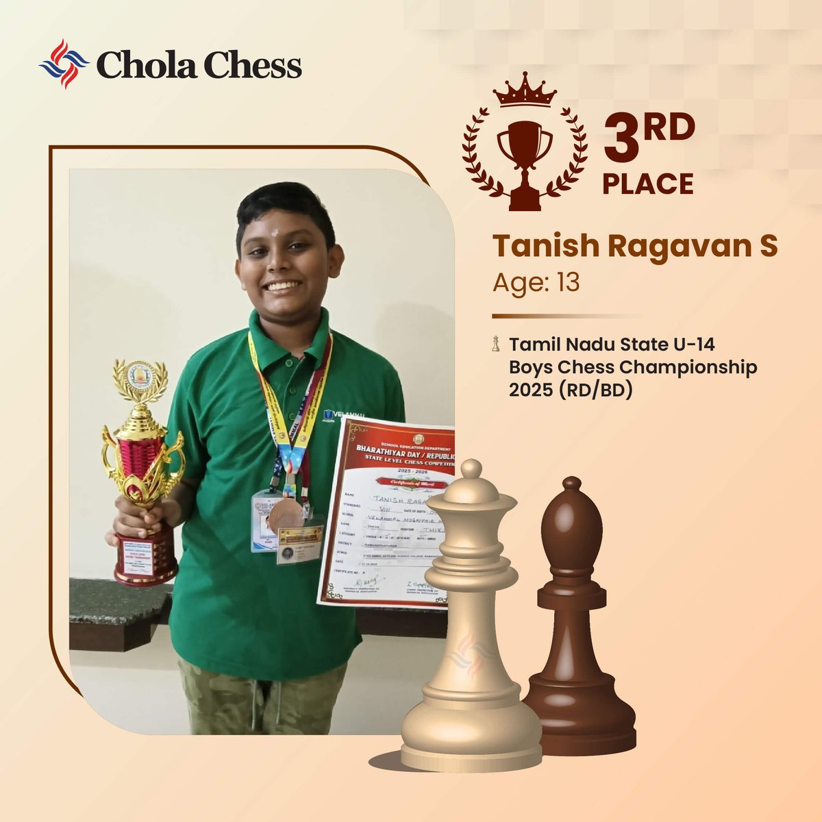 Tanish Ragavan showcased tremendous grit in:
Andaman &amp; Nicobar International Open FIDE Rated Tournament 2025 - 6th Place, tied with 3rd
Tamil Nadu State Under-14 Boys Chess Championship 2025 (Rapid &amp; Blitz) - 3rd Place
#CholaChess #CSRinitiative