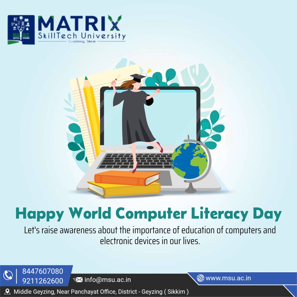 university19447's tweet image. “Happy World Computer Literacy Day from Matrix SkillTech University! 💻🌐
Today, we celebrate the power of digital knowledge and the importance of computer literacy in shaping a smarter, more connected world.&quot;
#WorldComputerLiteracyDay #MatrixSkillTechUniversity #DigitalSkills