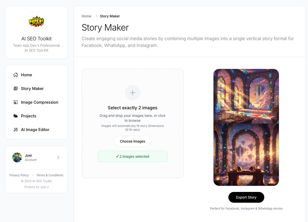 Stop struggling with Canva for simple stories. 🛑

I built a tool that does the heavy lifting for you: 
✅ Vertical Layouts 
✅ Multi-Image Support 
✅ Auto-Resizing 
✅ 100% FREE

Boost your social presence without the design headaches. 👇 
seo.app-dev.lk/story-maker