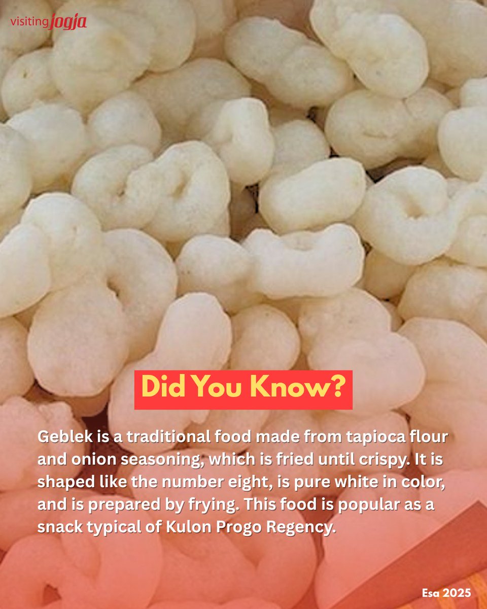 Crispy and iconic like the number eight, Geblek is the proud traditional snack of Kulon Progo that keeps Jogja’s flavor heritage alive! 🧄

Find out more about Yogyakarta, follow us on:
🌐 visitingjogja.jogjaprov.go.id
📷 <a href="/visitingjogja/">Visit Jogja</a>
🐥 <a href="/visiting_jogja/">Visiting Jogja</a> 

#visitingjogja #visitjogja
