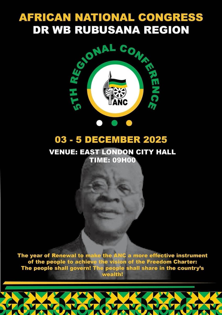 Magiftana645992's tweet photo. The ANC in the Dr WB Rubusana Region will hold its 5th Regional Conference at the East London City Hall in Buffalo City Metro  from the 03 to the 05th of December 2025.
#ANCDrWBRubusanaRegion
#ANCRenewal https://t.co/FCBjG1RTZg