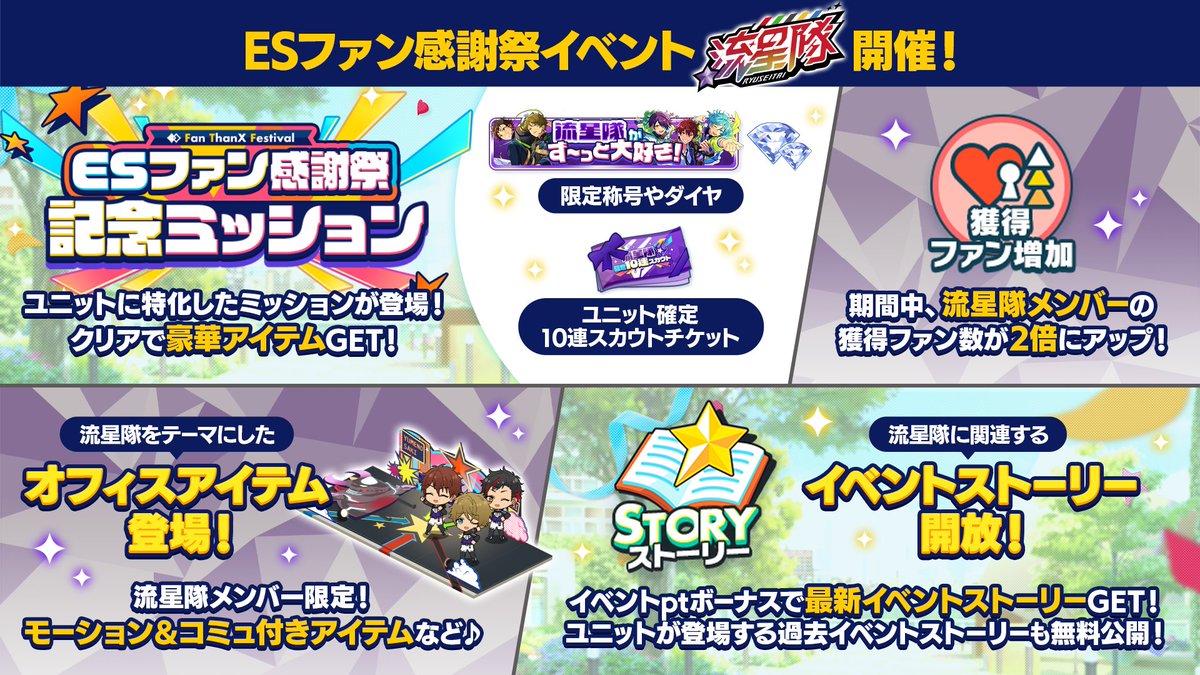 【お知らせ】

本日15時〜
『感謝祭☆胸に灯すOVERFLOW！』イベントストーリー後編公開❗

さらにESファン感謝祭記念ミッションの後半分を開放しました🌠

ESファン感謝祭キャンペーンでは
■ファン数2倍
■関連ストーリー無料公開
なども開催中💫

ensemble-stars.jp/fan_thanx_fest…

#あんスタ