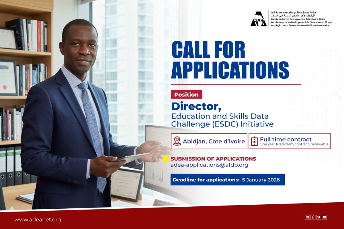 ADEAnet's tweet image. Lead Africa’s education data transformation. 

ADEA seeks a Director for its ESDC Initiative supporting 30 countries. 

Apply by: Jan 5, 2026.
Send CV &amp;amp; cover letter to: adea-applications@afdb.org

Learn more: adeanet.org/en/call-applic…

#EducationInAfrica #DataForDevelopment
