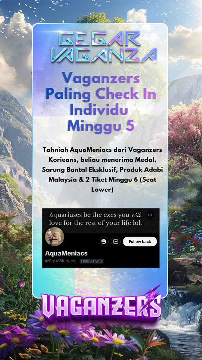 Vaganzers_'s tweet photo. Vaganzers Paling Check In Individu Minggu 5 - AquaMeniacs dari #Korieans #Korie
Tahniah #Vaganzers #GegarVaganza2025 #GV12 #GVVerse #Adabi https://t.co/oQU7HECPY0