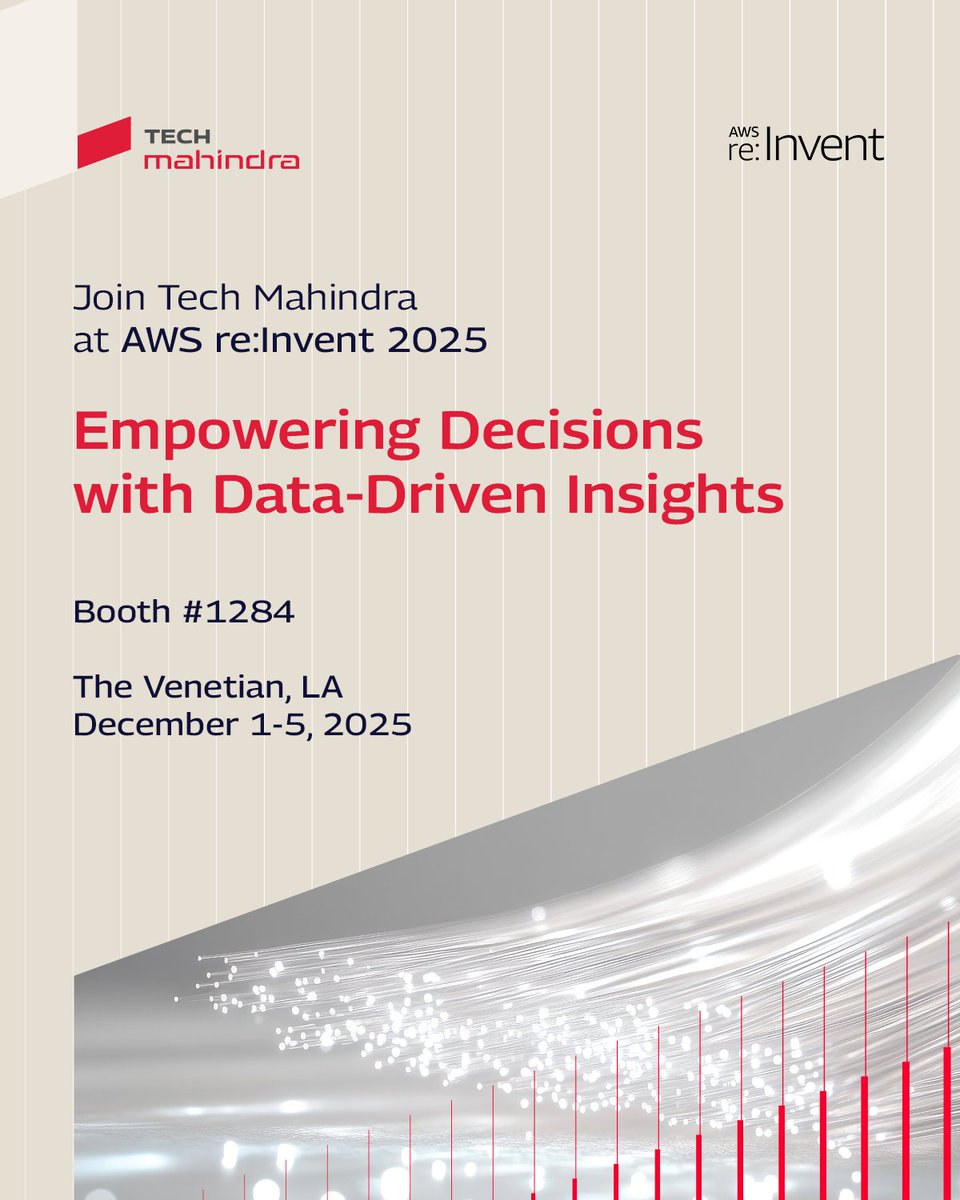 tech_mahindra's tweet image. AWS re:Invent 2025 is LIVE in Las Vegas!

We’re here at The Venetian, bringing the future of data #innovation to life. Meet @tech_mahindra and explore how we’re transforming data access and value for enterprises worldwide.

From conversational #AI assistants that deliver instant…