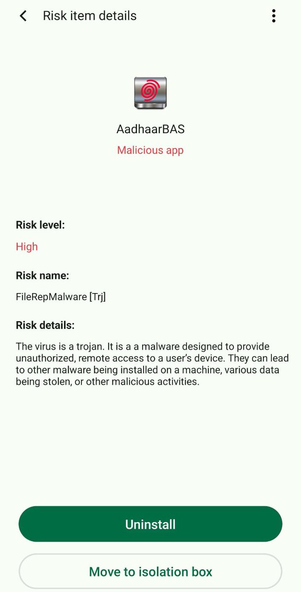 _iRoBo_'s tweet image. Same like sanchar saathi app,AadhaarBAS app officially rolled out by the Government for Aadhaar based attendance of employees.
But mobile security systems are identifying it as a Trojan (FileRepMalware), marking it as a high risk malicious app capable of accessing data.
If a…