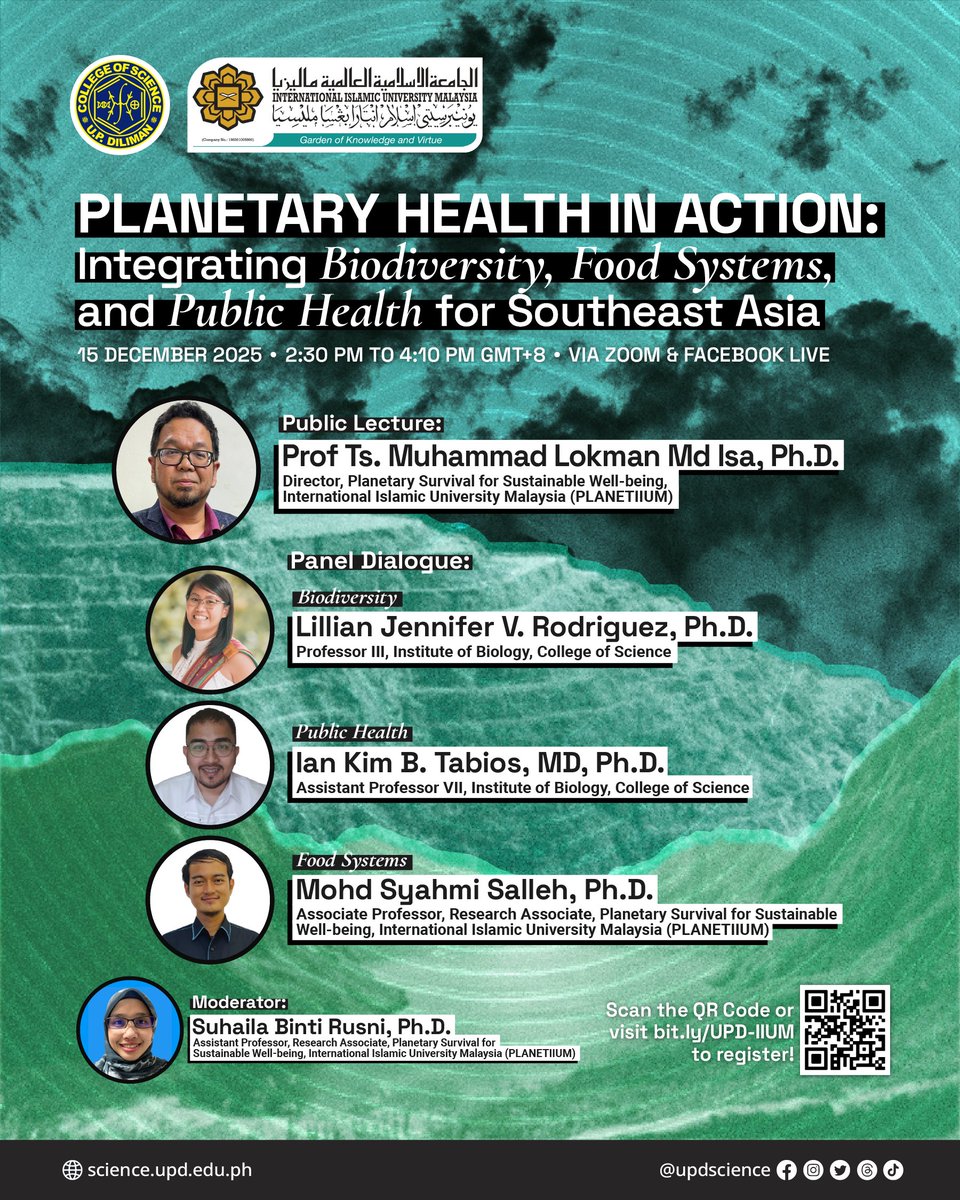 “𝗣𝗹𝗮𝗻𝗲𝘁𝗮𝗿𝘆 𝗛𝗲𝗮𝗹𝘁𝗵 𝗶𝗻 𝗔𝗰𝘁𝗶𝗼𝗻: 𝗜𝗻𝘁𝗲𝗴𝗿𝗮𝘁𝗶𝗻𝗴 𝗕𝗶𝗼𝗱𝗶𝘃𝗲𝗿𝘀𝗶𝘁𝘆, 𝗙𝗼𝗼𝗱 𝗦𝘆𝘀𝘁𝗲𝗺𝘀, 𝗮𝗻𝗱 𝗣𝘂𝗯𝗹𝗶𝗰 𝗛𝗲𝗮𝗹𝘁𝗵 𝗳𝗼𝗿 𝗦𝗼𝘂𝘁𝗵𝗲𝗮𝘀𝘁 𝗔𝘀𝗶𝗮.”
📅 December 15, 2025 - 2:30 to 4:10 PM GMT+8
📌 via Zoom and CS Facebook Live