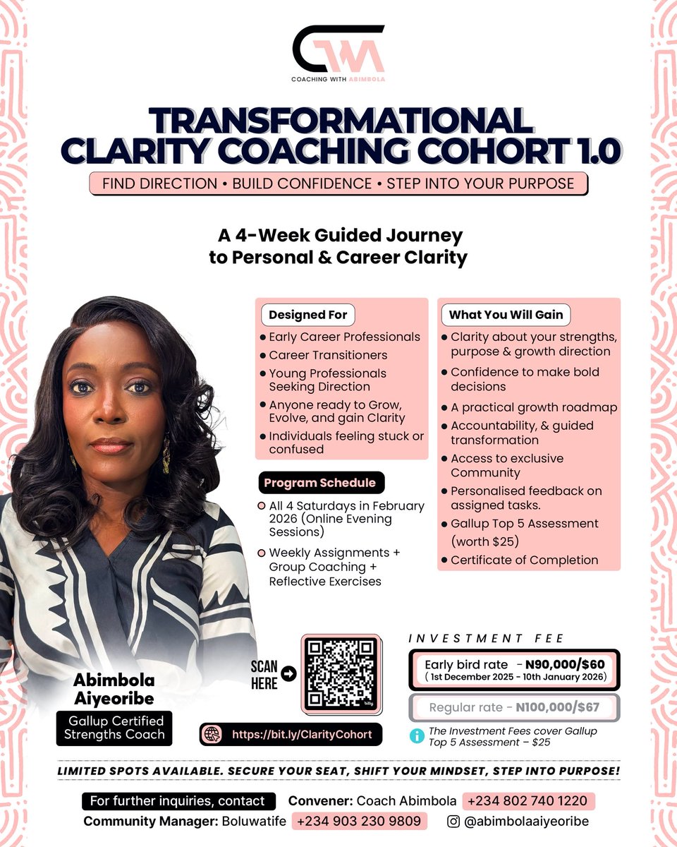 abimmza's tweet photo. Are you feeling stuck, confused, or unsure about your next step in career?

This 4-week guided coaching experience is designed to help you gain the clarity, confidence, &amp; direction you’ve been searching for.

Register 👉https://t.co/Y4OmeuVXlt

#coaching #careerclarity https://t.co/hU0MSHBUxw