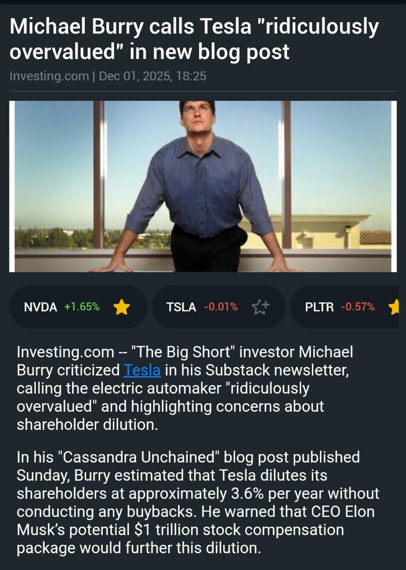 🚨 INVESTING : Michael Burry scommette contro Tesla dopo aver puntato su Nvidia e Palantir: è il momento del "Big Short"!