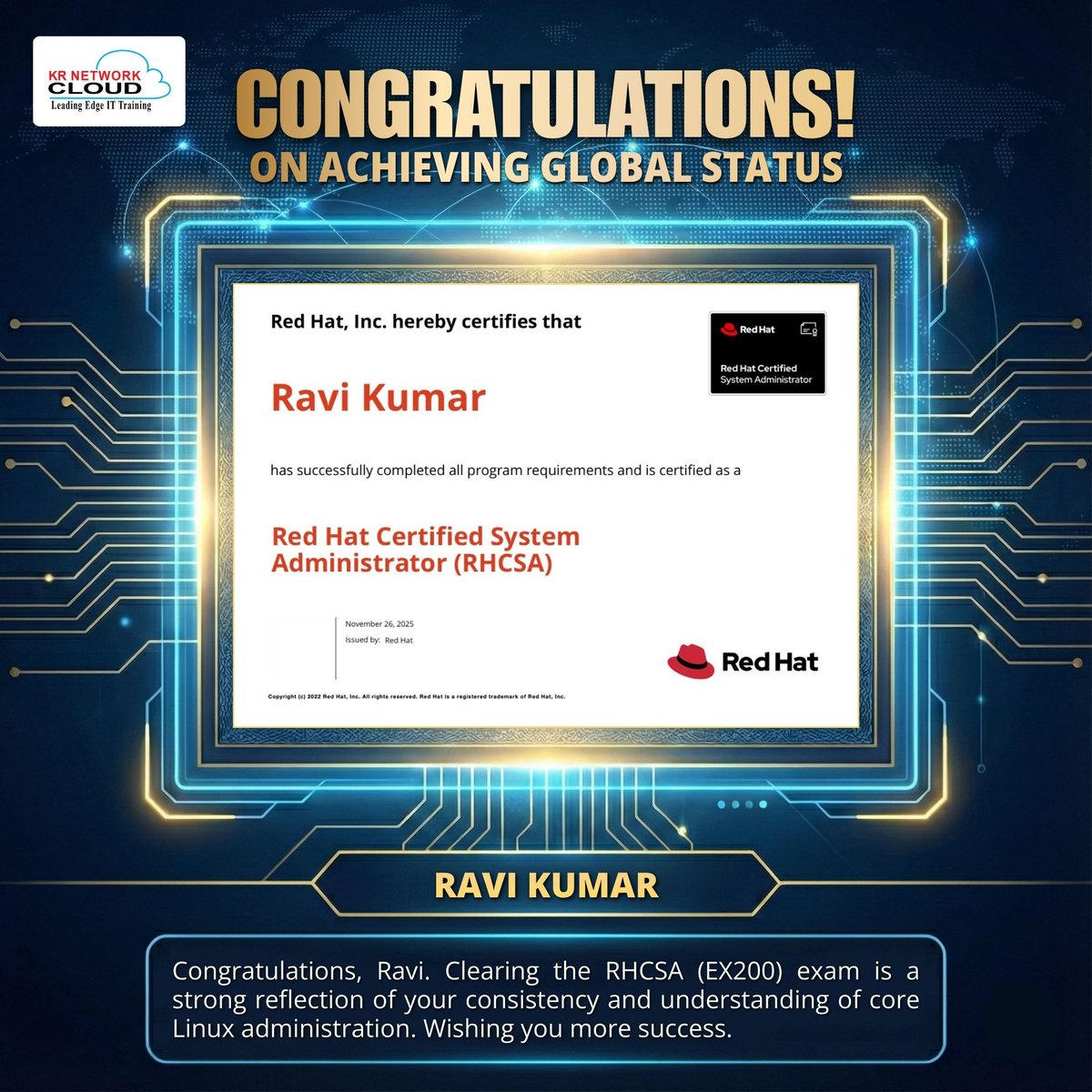 KRNetworkCloud1's tweet image. RHCSA (EX200) CERTIFIED
Wishing Ravi continued growth, learning and confidence as he moves ahead in his career.

#rhcsa #ex200 #linuxadministrator #redhatcertified #krnetworkcloud #systemadmin #itcareer #upskillindia #globalcertification #technicalskills