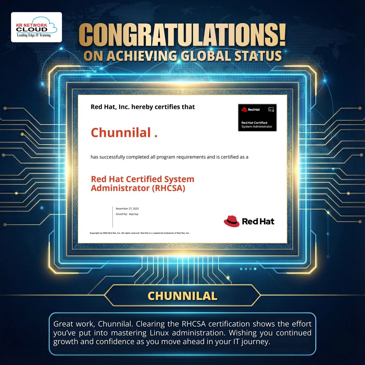 KRNetworkCloud1's tweet image. RHCSA CERTIFIED AND MOVING FORWARD

Chunnilal has successfully completed his Red Hat RHCSA certification, marking an important milestone in his IT career. 
#rhcsa #redhatcertified #linuxadministrator #krnetworkcloud #ittraining #globalcertification #careerprogress #systemadmin