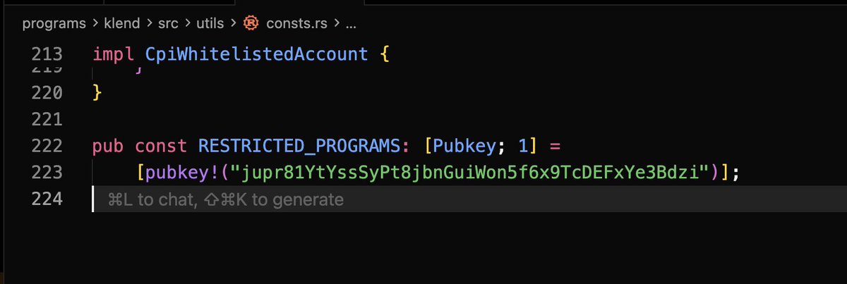 Solana 코드 스니펫: Kamino의 화이트리스트와 Jupiter Lend에 대한 제한된 프로그램 표시