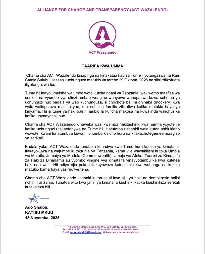 Jana viongozi wa <a href="/ACTwazalendo/">ACTWazalendo</a> wamemsikiliza Mwenyekiti wa Tume inayoitwa Huru ya Uchunguzi. Msimamo wa ACT ni uleule uliotolewa Novemba 18, 2025 na Katibu Mkuu <a href="/AdoShaibu/">Ado Shaibu</a>.

👉🏿Tume ya Jaji Chande ni dhihaka kwa waathirika wa mauaji ya Oktoba 2025.

#TaifaLaWote #MaslahiYaWote
