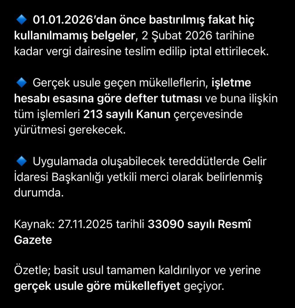 Basit Usulde Olan Mükellefler İçin Önemli Duyuru
2026 yılı ile birlikte basit usulde vergilendirme tamamen sona eriyor. Bu kapsamdaki mükellefler 01 Ocak 2026’dan itibaren gerçek usule (işletme hesabı esasına) geçecekler

#TÜRMOB 

📍BUĞDAYBEY MALİ MÜŞAVİRLİK &amp; BAĞIMSIZ DENETİM
