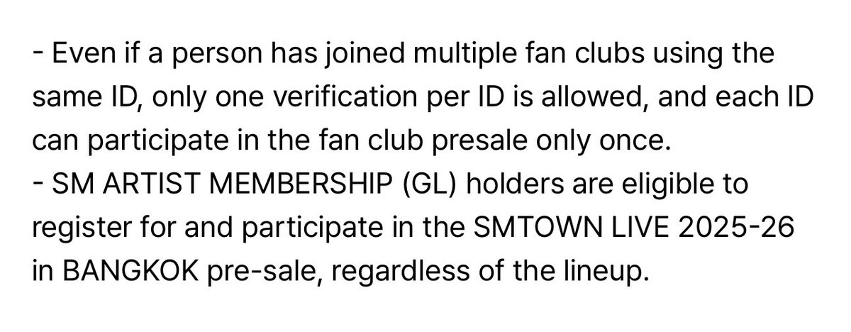 สรุปจากในแอพ weverse มีเขียนรายละเอียดว่า

1 ID สามารถใช้กด presale ได้ครั้งเดียว ถึงจะสมัคร membership ไว้หลายวงก็ตาม 

เพราะงั้นหารไม่ได้นะคับบบ #SMTOWNLIVE2025_26_BANGKOK