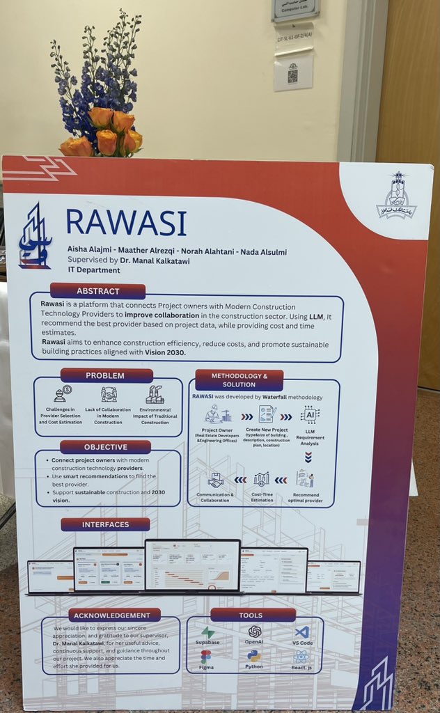 RawasiV2030's tweet photo. رواسي منصة ذكية تعتمد على الذكاء الاصطناعي بهدف دعم أصحاب المشاريع في اتخاذ قرارات موثوقة عند اختيار تقنيات وموردي البناء الحديث بالاضافة لتقدير الوقت والميزانية

لاتنسوا تدعمونا بالريتويت واللايك❤️‍🔥

دعمكم يعني لنا الكثير🙏
#FCIT_IT_PosterDay 
#FCIT_CS_PosterDay
#FCIT_CS_IT
#FCIT https://t.co/mZdIUf3Nhs