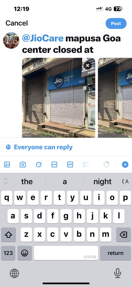 Deepkar's tweet photo. @JioCare Your center in goa, mapusa is closed at 12:19 on a tuesday https://t.co/TR6dhQI9ms