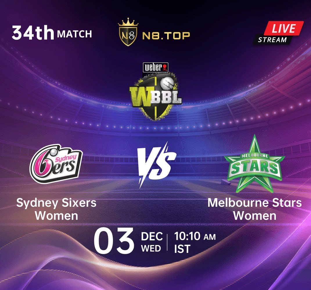 Cusi567's tweet photo. Sydney Sixers Women 🆚 Melbourne Stars Women

🔴 LIVE on https://t.co/lUKoX1inQv

#WBBL #SydneySixers #MelbourneStars #WomensCricket #CricketLive #N8Casino #Livestream https://t.co/ORRpdlvGPE