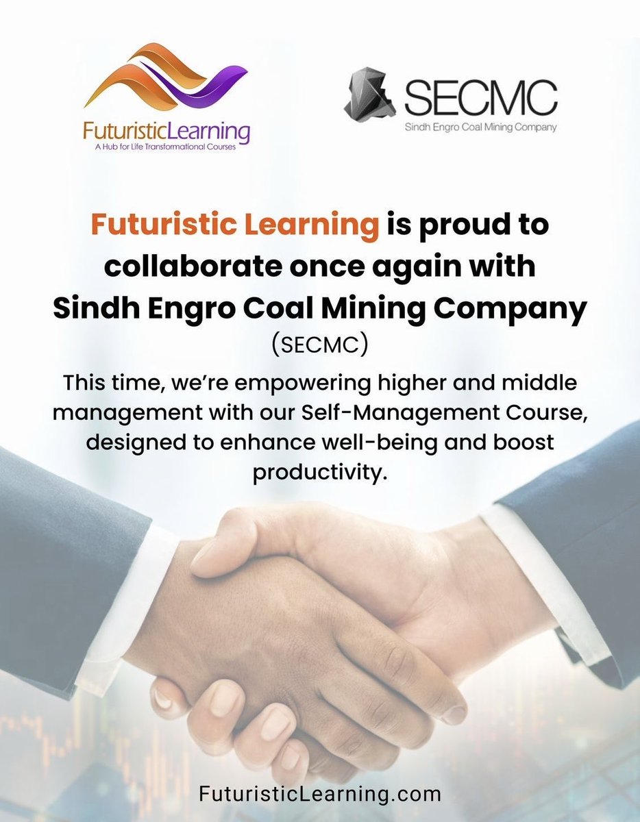 Futuristic Learning is proud to collaborate once again with Sindh Engro Coal Mining Company. <a href="/SECMC_Thar/">SECMC Thar (Official)</a> 

This time, we're empowering higher and middle management with our Self-Management Course, designed to enhance well-being and boost #productivity

#selfmanagement