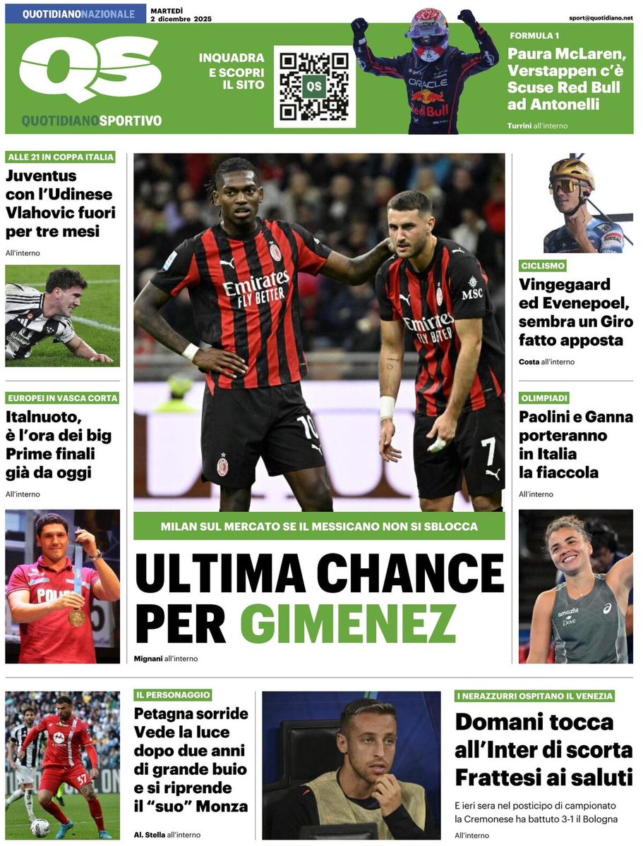 #Primepagine dei principali quotidiani sportivi italiani 
#2dicembre2025 🗞📰