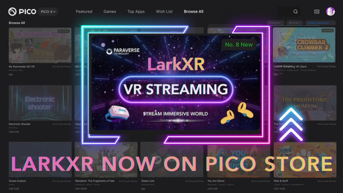 PVT_Paraverse's tweet image. 🚀 𝗟𝗮𝗿𝗸𝗫𝗥 𝗶𝘀 𝗡𝗢𝗪 𝗟𝗜𝗩𝗘 𝗼𝗻 𝗣𝗜𝗖𝗢 𝗦𝘁𝗼𝗿𝗲!
Big News for the #PICO Community.
#LarkXR is Now Officially Available on the PICO Global Store!

𝗪𝗵𝗮𝘁 𝗬𝗼𝘂 𝗚𝗲𝘁
⚡One-Tap Access to High-Fidelity VR Experiences
⚡ Ultra-Low Latency #CloudVR Streaming
⚡ No…