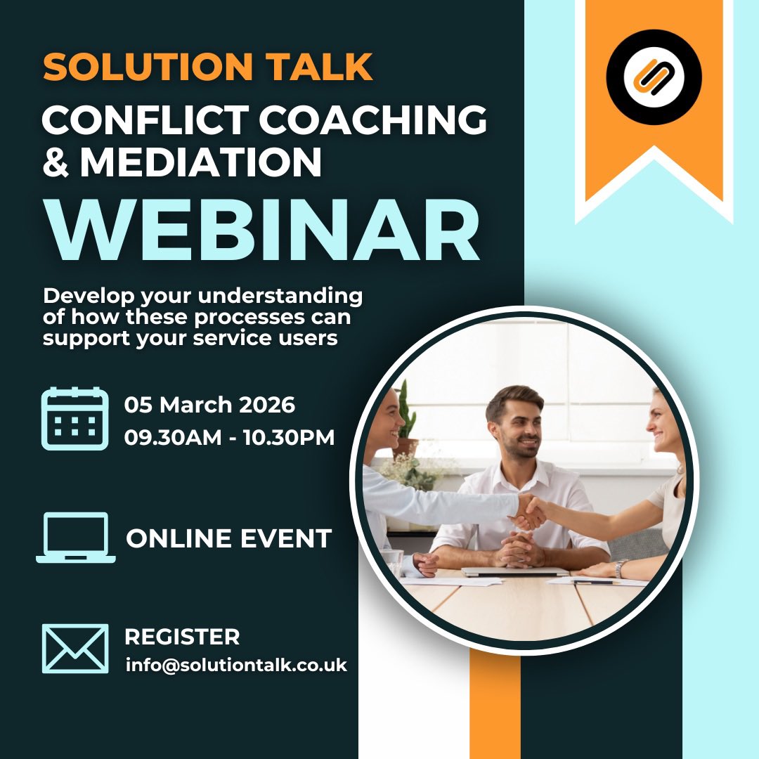 Strengthening resilient communities begins with open, constructive conversations

Join our free webinar on 5 March at 9:30am to explore how #mediation &amp; #ConflictCoaching can support effective conflict management 

To book email info@solutiontalk.co.uk

#SolutionTalk #ASB