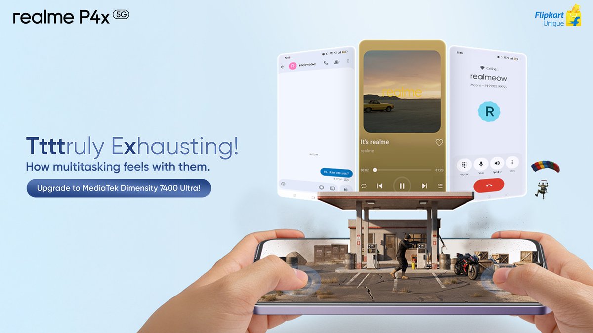 realmeIndia's tweet image. Multitasking Made Effortless!

Experience fast app switching and seamless multitasking on the #realmeP4x with MediaTek Dimensity 7400 Ultra.

Launching on 4th Dec, 12 PM.

Know more: 
tinyurl.com/bdf64zsv 
tinyurl.com/bdd8vzzb

#Fastest7000mAhPioneer