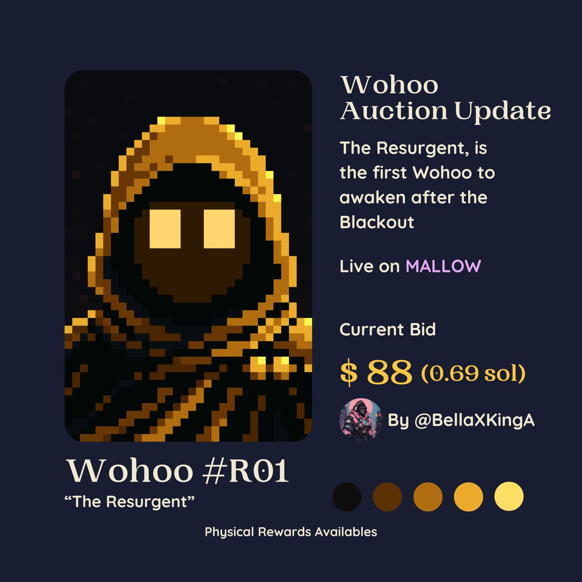Xiznft's tweet image. 🚨Auction Update🚨

Wohoo # R01 &quot;The Resurgent&quot;

Live on @mallowdotart

⚡️Current Bid: $88 ( 0.69 sol ) by @BellaXKingA
⚡️Time left: 13 hours
⚡️Physical Rewards Available ( Comic printed and Poster )
⚡️Link: mallow.art/artwork/2vn1rF…