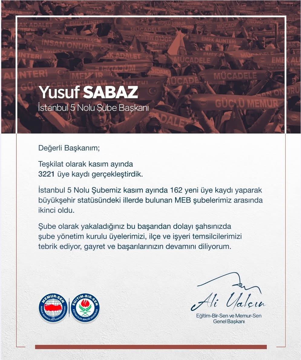 Türkiye geneli üye kayıt çalışmalarında 15 Mayıs mutabakatından bugüne kadar istikrarlı yürüyüşüyle başarı grafiğini hep yukarı çıkaran Şubemiz , geleneksel hale getirdiği  zirve yürüyüşüne Kasım ayında da devam etti. Büyüksehir statüsünde illerde bulunan MEB şubeleri arasında