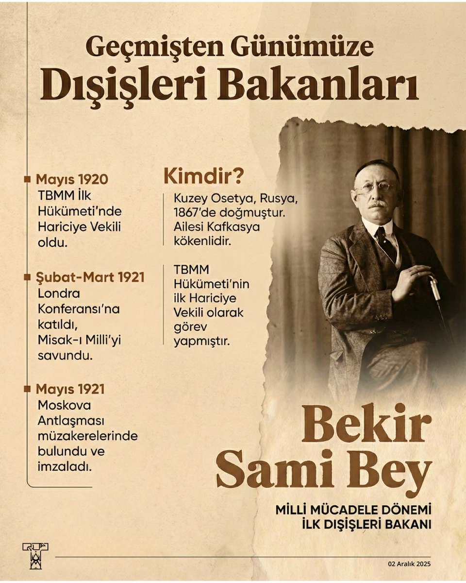 İNFOGRAFİK | Geçmişten Günümüze Dışişleri Bakanlarımız: Bekir Sami Bey Bekir Sami Bey, Cumhuriyet'in ilk dışişleri bakanı olarak 3 Mayıs 1920–8 Mayıs 1921 arasında görev yapmış; bu dönemde hem yurtiçi hem uluslararası diplomaside