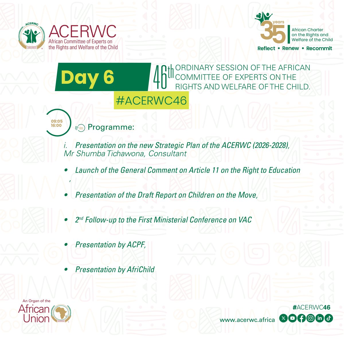 acerwc's tweet image. Day 6 of #ACERWC46:

At the core of today&apos;s programme is the Launch of ACERWC General Comment on Article 11 #Education

📽️ Watch LIVE🔴🌐🌐🔗🔗 here: youtube.com/live/9cg8QjifR…

#ACERWC46
#AfricaFit4Children
#Agenda2040