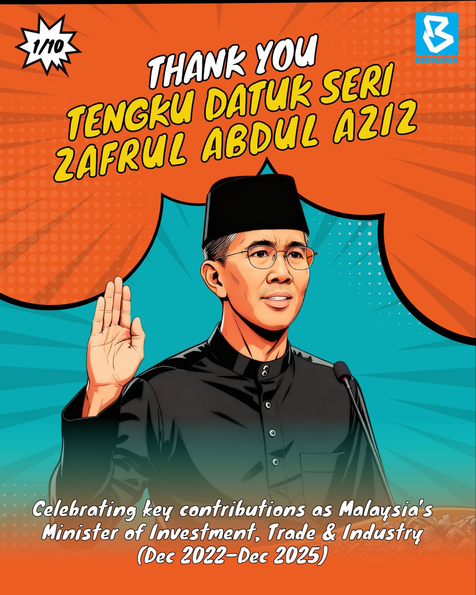 bernamadotcom's tweet photo. Over the past three years, Tengku Datuk Seri Zafrul Abdul Aziz has played a pivotal role in strengthening Malaysia’s position as a leading investment destination and strategic trading partner on the global stage.

As the Minister of Investment, Trade & Industry, he led high-impact missions abroad, pushed forward major national policies such as NIMP 2030 and the National Semiconductor Strategy, and expanded market access for Malaysian industries.

These achievements have reinforced investor confidence and supported Malaysia’s long-term economic resilience and competitiveness.

At 52, the former banking figure and outgoing Senator, completing his maximum six-year tenure, leaves a strong mark on Malaysia’s investment, trade and industrial landscape.

This infographic highlights the key contributions, policies and milestones from December 2022 to December 2025, reflecting Malaysia’s continued drive to stay competitive, sustainable and globally connected.

#BernamaNews
#BernamaInfographics
@tzafrul_aziz 
@MITIMalaysia