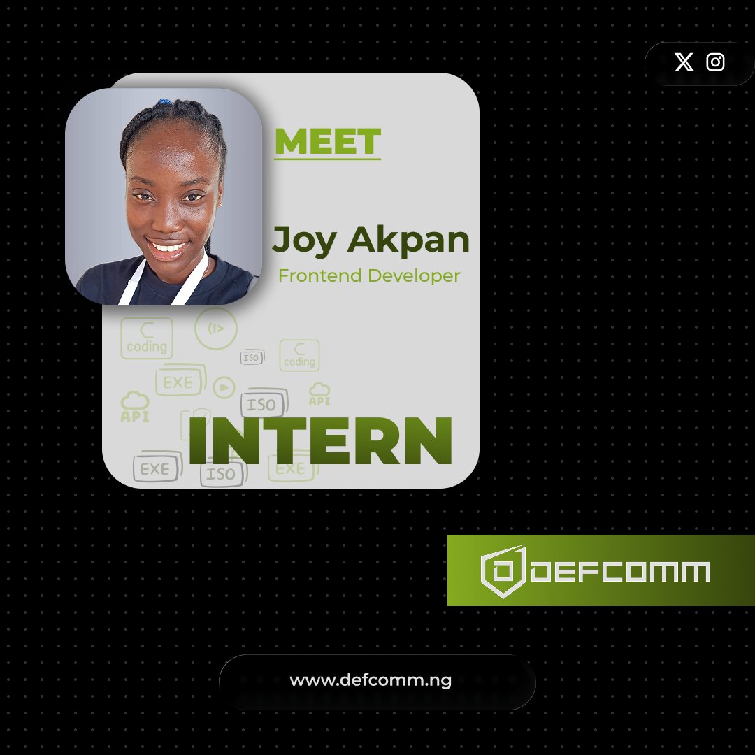 DefcommS's tweet photo. Exciting news! 🎉 Please help us welcome Joy Akpan, our new Frontend Developer Intern.
​We're thrilled to have her on the DEFCOMM team. We are looking forward to seeing the great things she'll build. Welcome aboard, Joy!
​#DEFCOMM #Internship #FrontendDev #Tech https://t.co/xBI8SAhadT