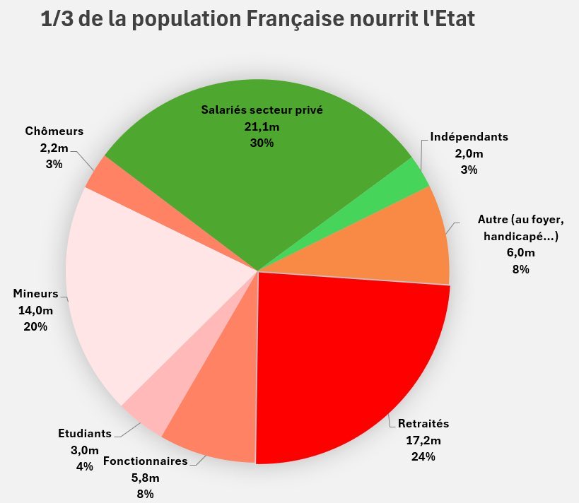 MichaelAArouet's tweet image. This is probably the scariest chart you&apos;ll see today. Let me translate it for you: only one-third of French people have a private-sector job. 

How are they supposed to feed the remaining two-thirds with their taxes? It’s starting to feel like a failed state.