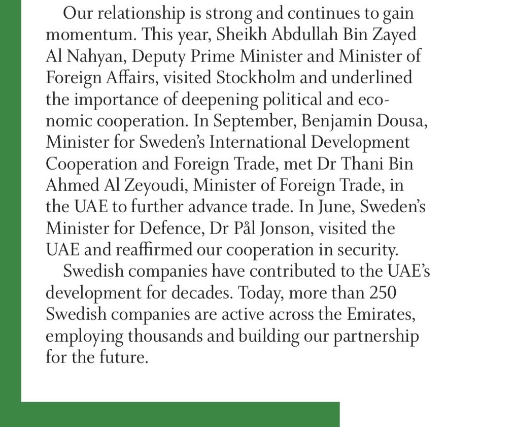 Message from H.E. <a href="/FredrikPFloren/">Fredrik Floren</a>, Ambassador of Sweden to the UAE 🇸🇪🤝🇦🇪, to @Gulf_News on the 54th Eid Al Etihad 

We extend our warmest congratulations to the leadership and people of the United Arab Emirates on the occasion of the 54th Eid Al Etihad. May the UAE continue to