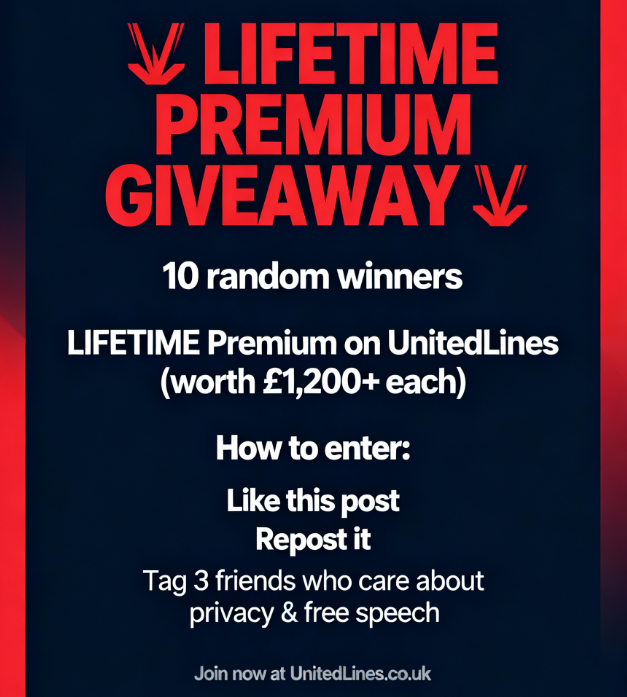 UnitedLinesUK's tweet image. 🚨 LIFETIME PREMIUM GIVEAWAY 🚨

We&apos;re giving 10 random people LIFETIME Premium on UnitedLines.co.uk (worth £1,200+ each)

How to enter:
✅ Like this post
✅ Repost it
✅ Tag 3 friends who care about privacy &amp;amp; free speech

(To be drawn at random on December 24th - Winners…