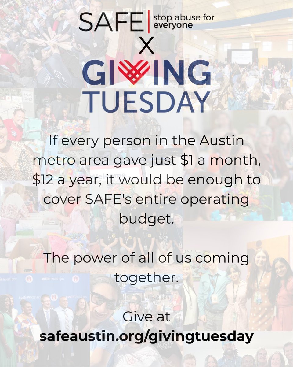 SAFEatx's tweet photo. Every dollar you give to SAFE on this #GivingTuesday means so much more than you know. It can fund our entire operating budget for a year.

Give at https://t.co/bsrIJwxf0O https://t.co/Ky2r0PRNH6