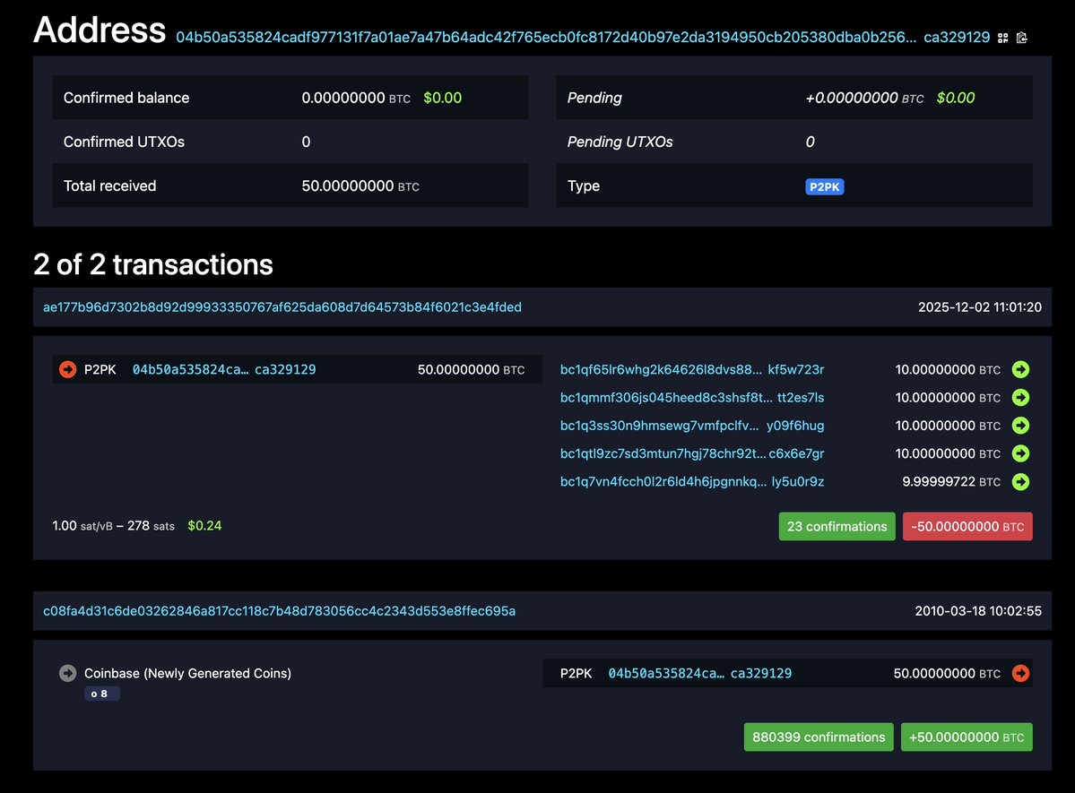 OrangeSurfBTC's tweet image. Any proposal that seeks to make old coins unspendable (e.g. for quantum reasons) has to grapple with the fact that these coins are not all lost. 

Just 5 hours ago a March 2010 coinbase reward was spent (splitting in into 5, 10BTC outputs).

mempool.space/address/04b50a…