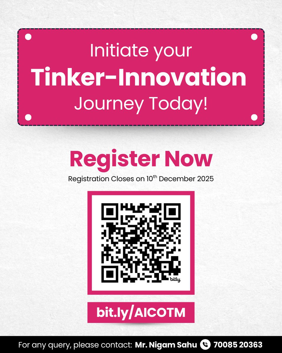 🚀 Odisha Tinker Marathon 2025 is live!

 ATL students, submit your best ideas &amp; turn real problems into creative solutions.

📅 Deadline: 10 Dec 2025
 🔗 Link: bit.ly/AICOTM
Let’s build the future of Odisha—one idea at a time! 💡✨

<a href="/narendramodi/">Narendra Modi</a> <a href="/PMOIndia/">PMO India</a> <a href="/dpradhanbjp/">Dharmendra Pradhan</a>