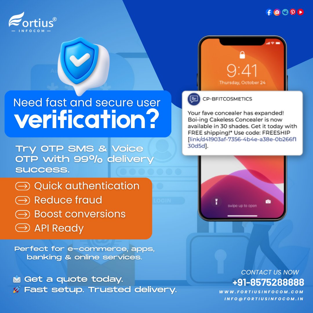 fortiusinfocom's tweet image. 🔐 Fast, secure user verification with OTP SMS &amp;amp; Voice OTP. Perfect for logins, payments &amp;amp; sign-ups.

Real-time delivery | High accuracy | Easy API
📞 8572-88888
🌐 fortiusinfocom.com/voice-otp

🌐 fortiusinfocom.com/wsms-otp-forti…
#OTPSMS #VoiceOTP #SecureLogin #DigitalVerification