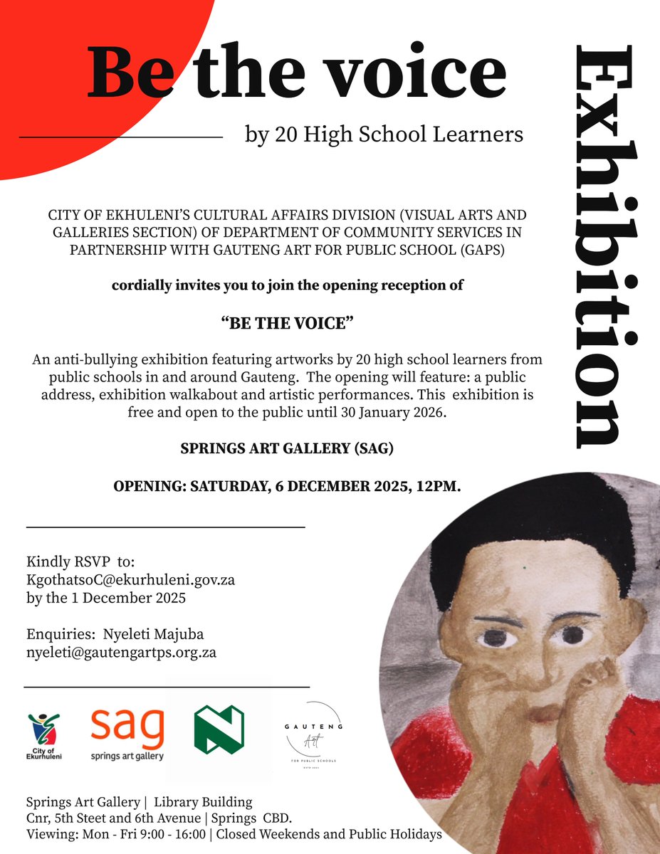 City_Ekurhuleni's tweet image. Art enthusiasts are invited to “BE THE VOICE”
#CoE invites you to an anti-bullying exhibition featuring artworks by 20 high school learners from public schools in and around Gauteng.

 #SAG #CoEArts #BeTheVoice