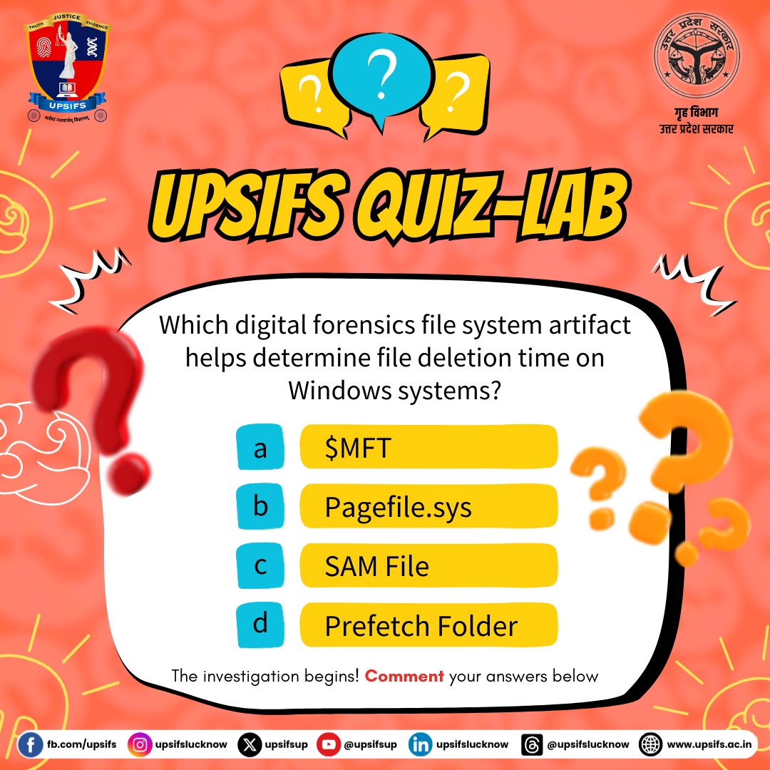 upsifsUp's tweet image. Decode the Clue. Drop Your Answer.   Digital evidence never lies—only experts can decode it.
Think you know which Windows artifact reveals file deletion time? Comment your answer and test your forensic intelligence.  
 #UPSIFS #ForensicScience #DigitalForensics