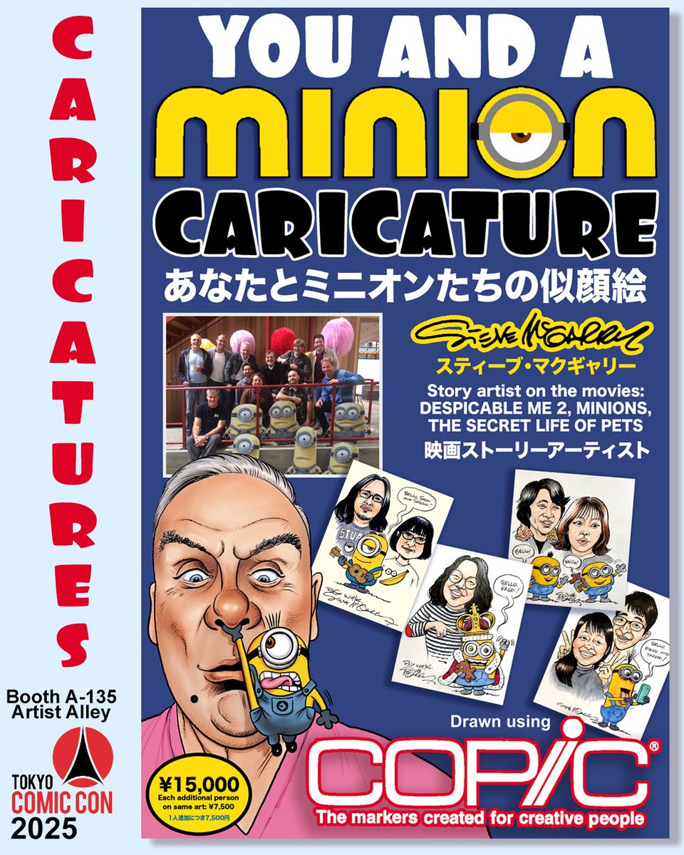 SteveMcGarry's tweet photo. Heading back to Japan to appear at Tokyo Comic Con @TokyoComicCon for the fifth time! I’ll be at Booth A-135 all weekend with original art , posters, caricatures and all things #minions !!! https://t.co/LMszI9u98Q