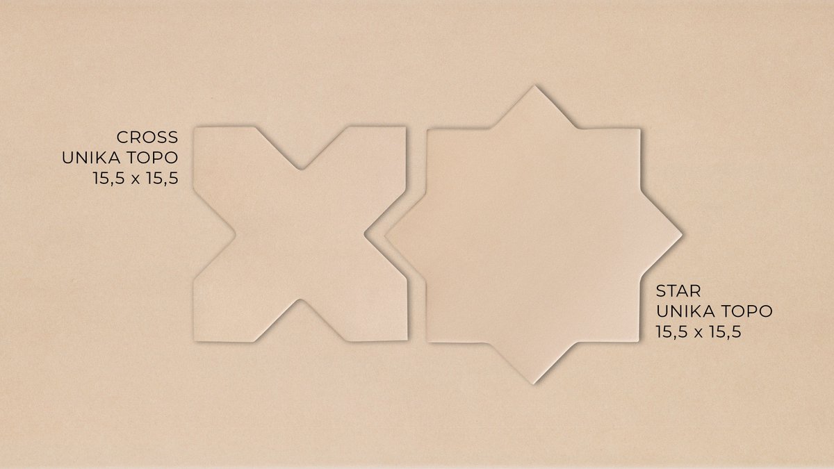 UNIKA: porcelánico extruido sin relieve, apto para pavimento y revestimiento, con un diseño limpio y atemporal.
Las piezas Star y Cross en color Topo permiten crear composiciones geométricas llenas de estilo.
Sencillez, precisión y personalidad.