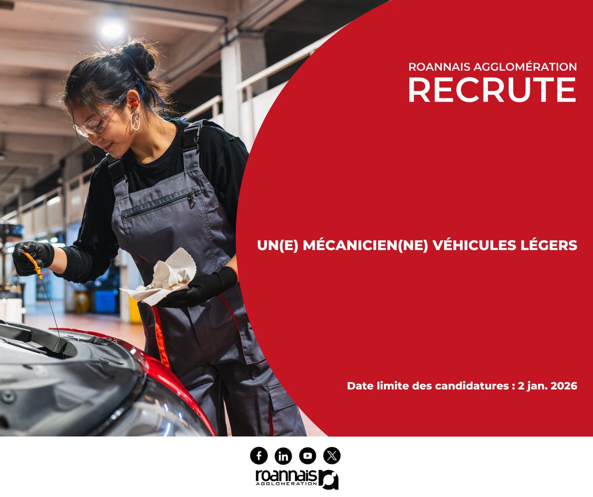 <a href="/RoannaisAgglo/">Roannais Agglo</a> recrute :
🔧 Un(e) Mécanicien(ne) Véhicules Légers

Si vous êtes intéressés, postulez en ligne ➡ aggloroanne.fr/offres-demploi…

#entretien #recrute #roannaisagglomerationrecrute #recrutement #emploi