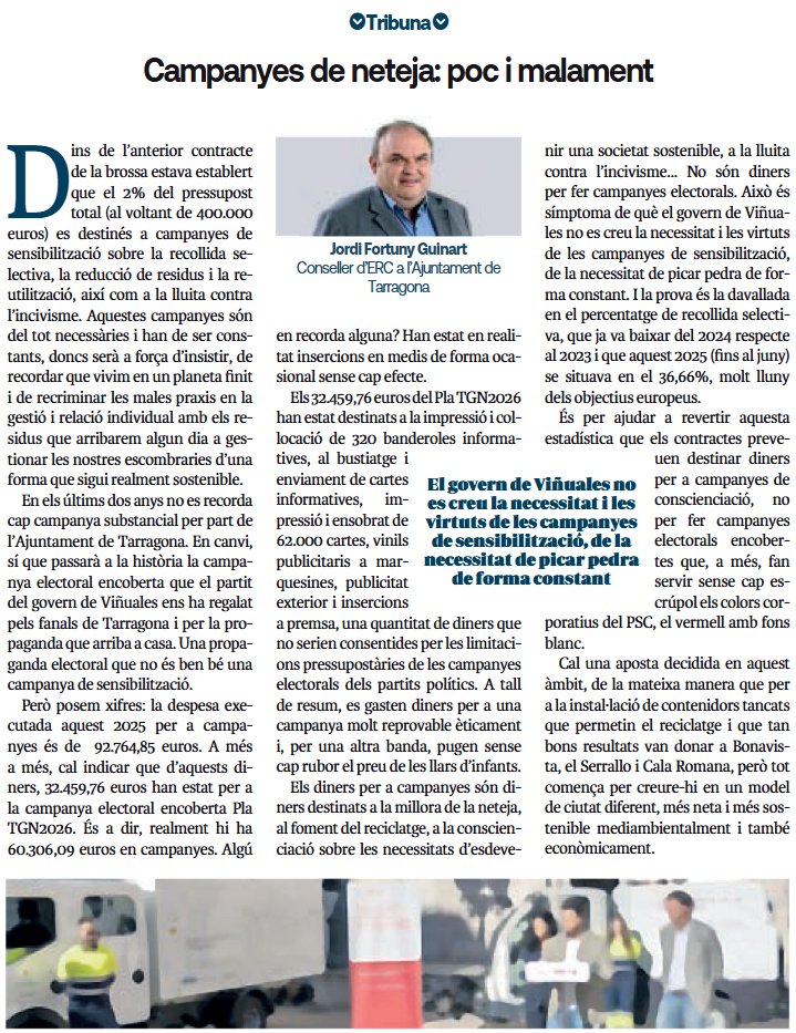 ✍️ [OPINIÓ] Llegeix l'article 'Campanyes de neteja: poc i malament', del conseller <a href="/JordiFortuny/">Jordi Fortuny🎗</a> al <a href="/diarimes/">Diari Més</a>

🗣️ "Els diners de les campanyes han de ser diners destinats a la millora de la neteja, no per fer campanyes electorals encobertes".

🔗diarimes.com/ca/opinio/trib…
