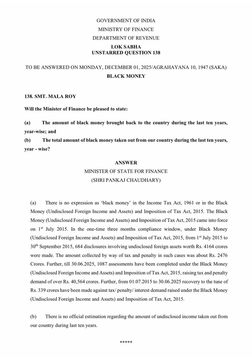 RealAravind36's tweet image. கேள்வி:
கடந்த பத்து ஆண்டுகளில் மீட்கப்பட்ட “கருப்பு பணம்” எவ்வளவு ?

மத்திய அரசின் பதில் : 
வருமான வரிசட்டத்திலோ,வரி விதிப்பு சட்டத்திலோ “கருப்பு பணம்” என்ற சொல்லே இல்லை 

கேள்வி:
கடந்த 10 ஆண்டுகளில் இந்தியாவில் இருந்து வெளிநாடுகளுக்கு கொண்டு செல்லப்பட்ட “கருப்பு பணம்” எவ்வளவு ?…