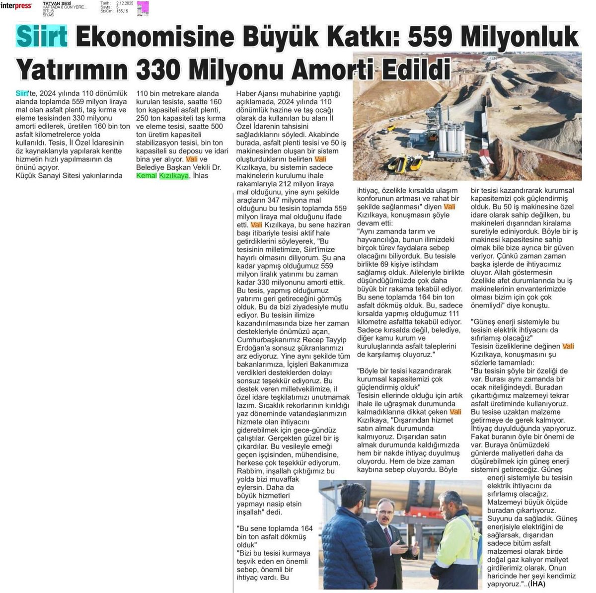 #Siirt ekonomisine büyük katkı: 559 milyonluk yatırımın 330 milyonu amorti edildi.
 
 📍 Siirt’te altyapıya güçlü yatırım!

Siirt Valiliği himaye ve destekleri ile İl Özel İdaremizin öz kaynaklarıyla kurulan asfalt plenti ile taş kırma-eleme tesisi, 2024 yılında 110 birimlik